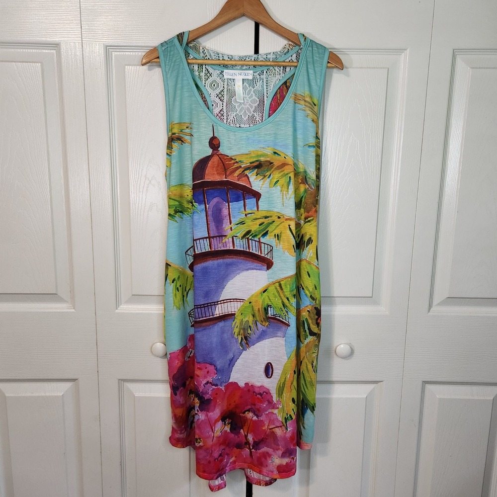 Ellen Negley Art & Sol Lighthouse Tropical Lace Hooded Cover Up XL Multicolor
